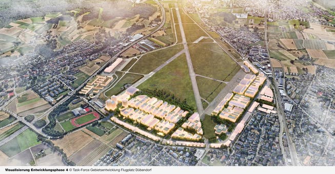 Etwa so soll dereinst der Flugplatz Dübendorf mit dem geplanten Innovationspark (vorne) im Endausbau aussehen.