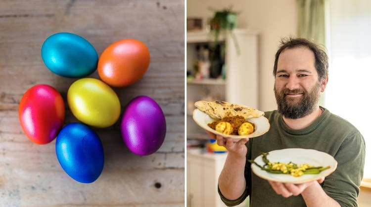 Genuss-Redaktor Kaspar Enz mit seinen frisch zubereiteten Ei-Speisen.