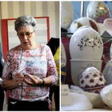 In diesem Frühling teilt Ursula Häusermann (Mitte) ihre Eiersammlung mit der Bevölkerung. Sie stellt rund 200 Stück im Dorfladen in Besenbüren aus. (Melanie Burgener)