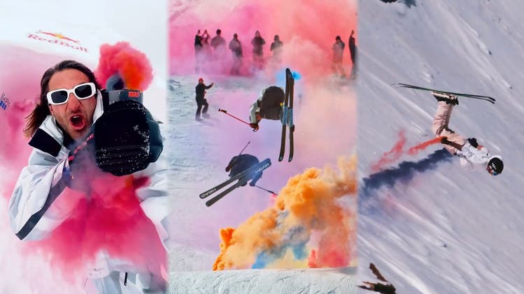 Rauchbomben und Tricks: Freestyle-Sportler veranstalten Farbspektakel auf Walliser Skipiste