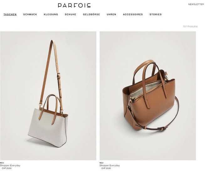Ein Blick auf den Online-Shop of Parfois: Taschen machen einen grossen Teil des Sortiments aus.