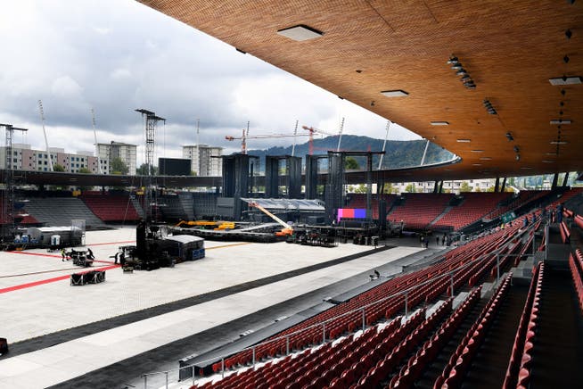 The Letzigrund Stadium during construction work for a concert.