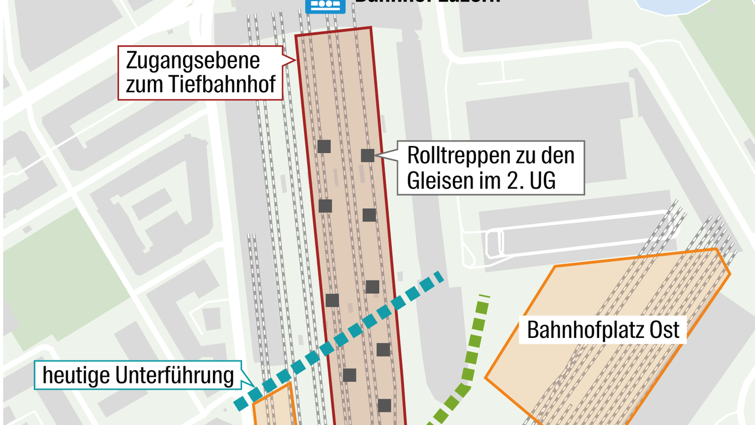 In diesem Bereich ist der Durchbruch zur neuen Zugangsebene für den Tiefbahnhof geplant. (Bild: Robert Knobel (Luzern, 16. Mai 2022))
