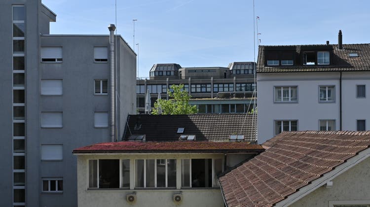 Blick von der Unterführungsstrasse 29 auf die Hauptbaute in der Aarauerstrasse 31 mit den Bauprofilen und dem Innenhof mit den bestehenden Gebäuden. (Bruno Kissling)