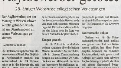 Das «St.Galler Tagblatt» berichtet am Tag nach dem Tod des 28-jährigen Asylbewerbers über den Fall in Weesen. (Bilder: «Tagblatt»-Archiv, Belinda Schmid)