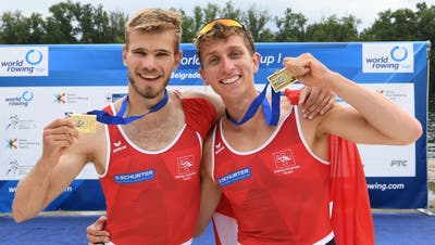 Raphael Ahumada, rechts, und Jan Schaeuble, hier beim ersten gemeinsamen Weltcupsieg, dürfen auch in München jubeln. (Detlev Seyb / Swiss Rowing)