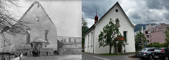 Die Kapuzinerkirche in Sarnen 1895 und 2022.