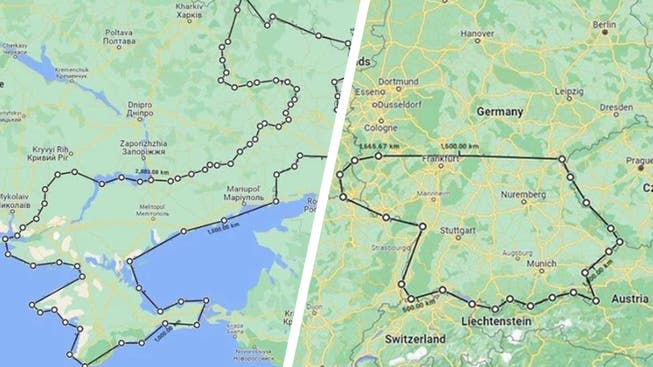 Das von Russland in der Ukraine eroberte Territorium (links) verglichen mit Deutschland. Die markierten Flächen sind jeweils gleich gross.