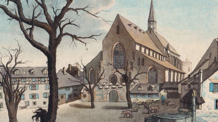 Trotz Saumarkt hinter dem Brunnen hatte es 1788 noch Bäume auf dem Barfi, z.B. direkt vor der Kirche. (Ausschnitt einer Lithografie von Maximiliam Neustück | Sammlung altbasel.ch). (Sammlung altbasel.ch)