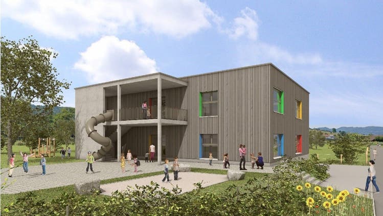 Wie auf der Visualisierung zu sehen, ist ein grosser Teil des neuen Kindergartengebäudes in Holzbauweise geplant.