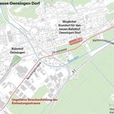 Die vorgeschlagene Linienführung der Entlastungsstrasse für Oensingen aus dem vergangenen Jahr. Der mögliche Bahnhof Dorf wird in diesem Projekt nicht thematisiert. (Zvg / Solothurner Zeitung)