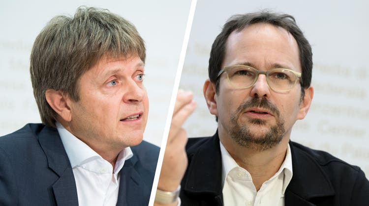 Powerplay gegen das Schweizer Fernsehen: Jürg Grossen (links) und Balthasar Glättli. (KEYSTONE/Anthony Anex)