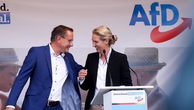 Sie führen die AfD-Fraktion im Bundestag und geben auch sonst den Ton an: Parteichef Tino Chrupalla und Alice Weidel. (Keystone/08.10.2021)