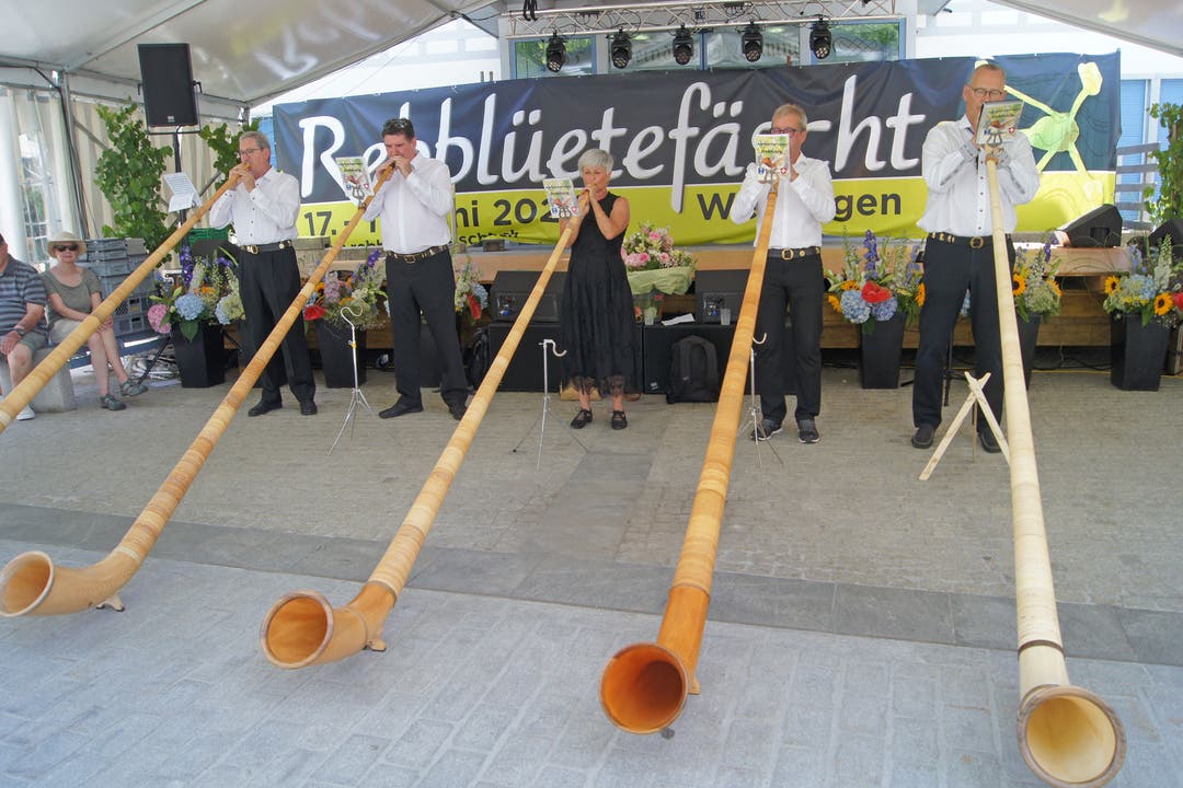 Die Alphorngruppe Rebberg spielt auf der RBF-Showbühne.