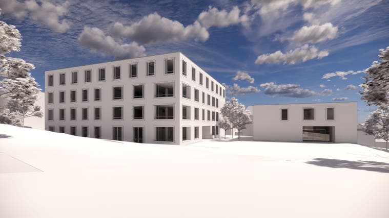 Visualisierung des viergeschossigen Neubaus in Oetwil am See mit ein Schulhaus für die schulpflichtigen Patientinnen und Patienten. (Bild: PD)