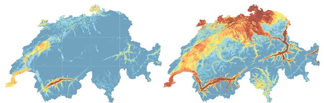 Vergleich zwischen 1981 und 2018: In gelb bis rot markierten Gebieten ist mit Störungen der Bäume durch Trockenheit zu rechnen. Am stärksten in den weinroten Bereichen.