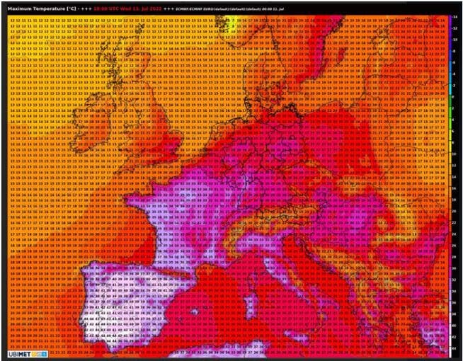 Höchsttemperaturen in Europa am Mittwoch, 13. Juli 2022. Auf der Iberischen Halbinsel verbreitet über 40 Grad. 