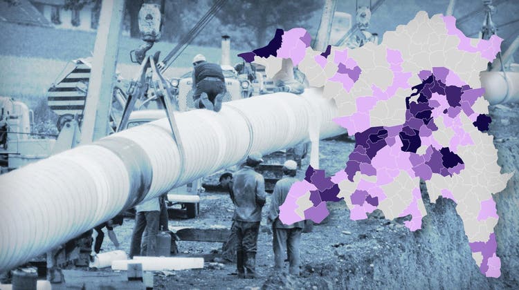 Es könnte eng werden mit der Gasversorgung im Kanton Aargau, wenn Russland den Gashahn im Winter zudreht. Im Bild: Bau einer Erdgas-Pipeline in der Schweiz, 1972–1974. (Archivbild)