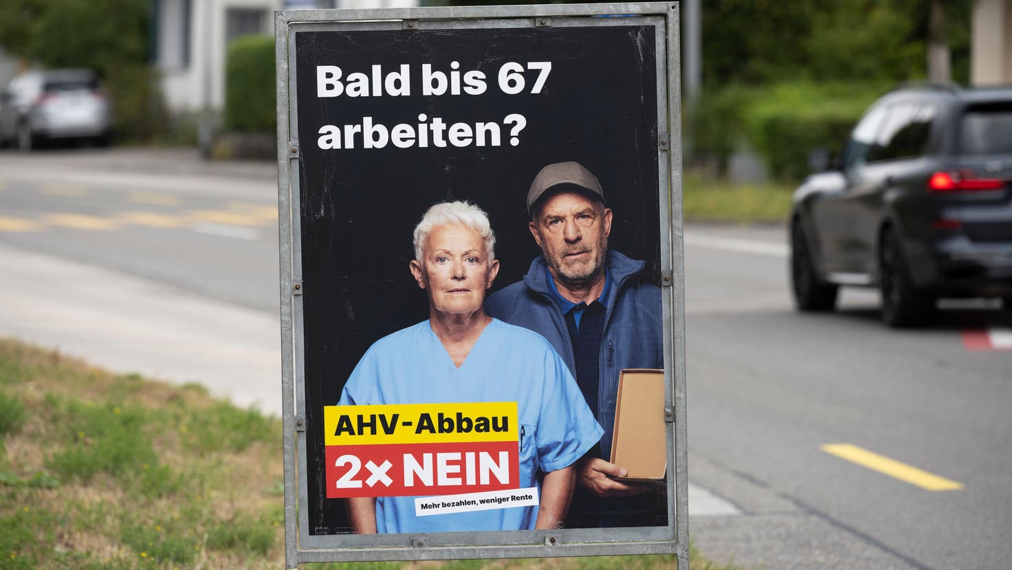 Falsches Thema: Plakat der Gewerkschaften gegen die AHV-Reform. (Bild: Alex Spichale)