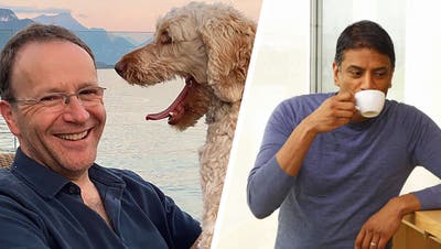 Zeigen sich auf Linked-in von ihrer lockeren Seite: Nestlé-Chef Mark Schneider mit seinem Hund, Hotelplan-Chefin Laura Meyer an einem Branchen-Dinner. (Screenshot: Linkedin)