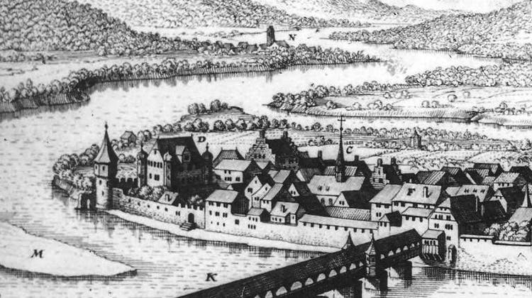Ausschnitt aus dem bekannten Stich von Merian aus der Zeit um 1640. Er zeigt den Bereich zwischen Schloss und Brücke, in welchem sich heute der Tanzenplatz befindet. (Stadtarchiv Bad Säckingen)