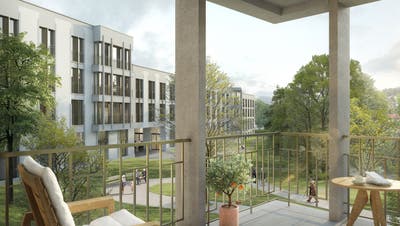 Blick von einem Balkon einer Alterswohnung auf das neue Badener Pflegezentrum. (Visualisierung: zvg/Graber Pulver Architekten/maars)