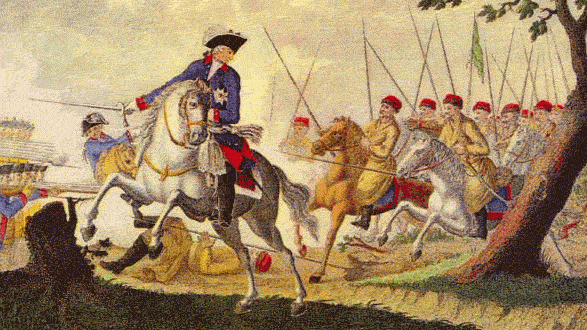Preussenkönig Friedrich wird bei Kunersdorf von russischen Kosaken verfolgt (Kupferstich von 1793).