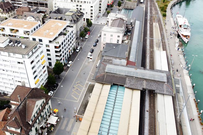 Luftbild des Romanshorner Bahnhofplatzes, der erneuert werden soll.