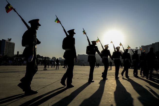 Ethiopian soldiers parade in the capital, Addis Ababa.