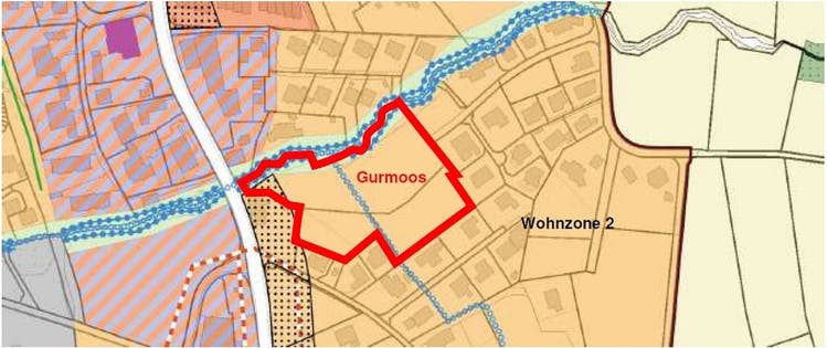 Ausschnitt aus dem Bauzonenplan AGIS 2022: Das Baugebiet «Gurmoos» befindet sich am Schwarzenbach im Süden von Menziken.