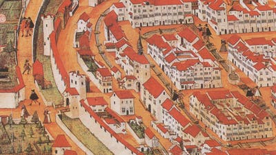 Ausschnitt der Stadtansicht von Hans Ulrich Fisch mit den beiden Toren und dem Graben, im dem noch Hirsche ästen. Dieser wurde ebenfalls vor gut 200 Jahren aufgeschüttet. (zvg)
