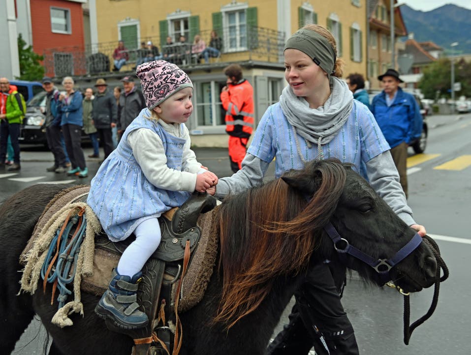 Eine mutige kleine Reiterin auf dem Pony.