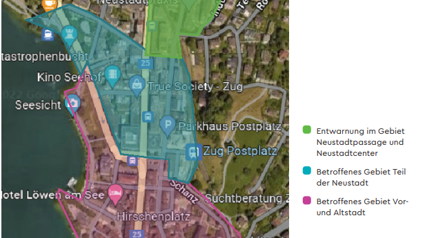 Die betroffenen Gebiete in Zug, Stand: Nachmittag des 5. Oktober 2022. (Screenshot: Webseite WWZ)