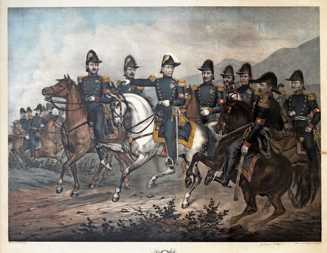 Er verfolgte seinen eigenen Plan: General Dufour (auf dem Schimmel) 1848, begleitet von allen Obersten der Division und einigen Obersten der Brigade.