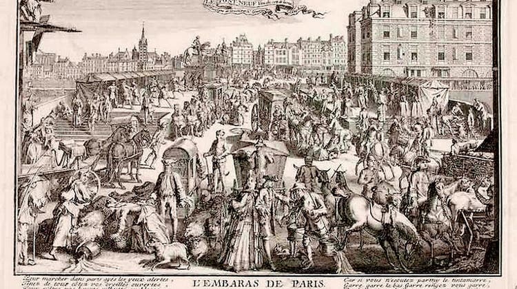 Das Verkehrschaos im Pariser Zentrum auf dem Pont Neuf um 1700. Reiter, Fuhrwerke, Sänften und Karossen – und dazwischen gestürzte Fussgänger (Nicolas Guerard, 1648-1719). (Alamy/www.alamy.com)