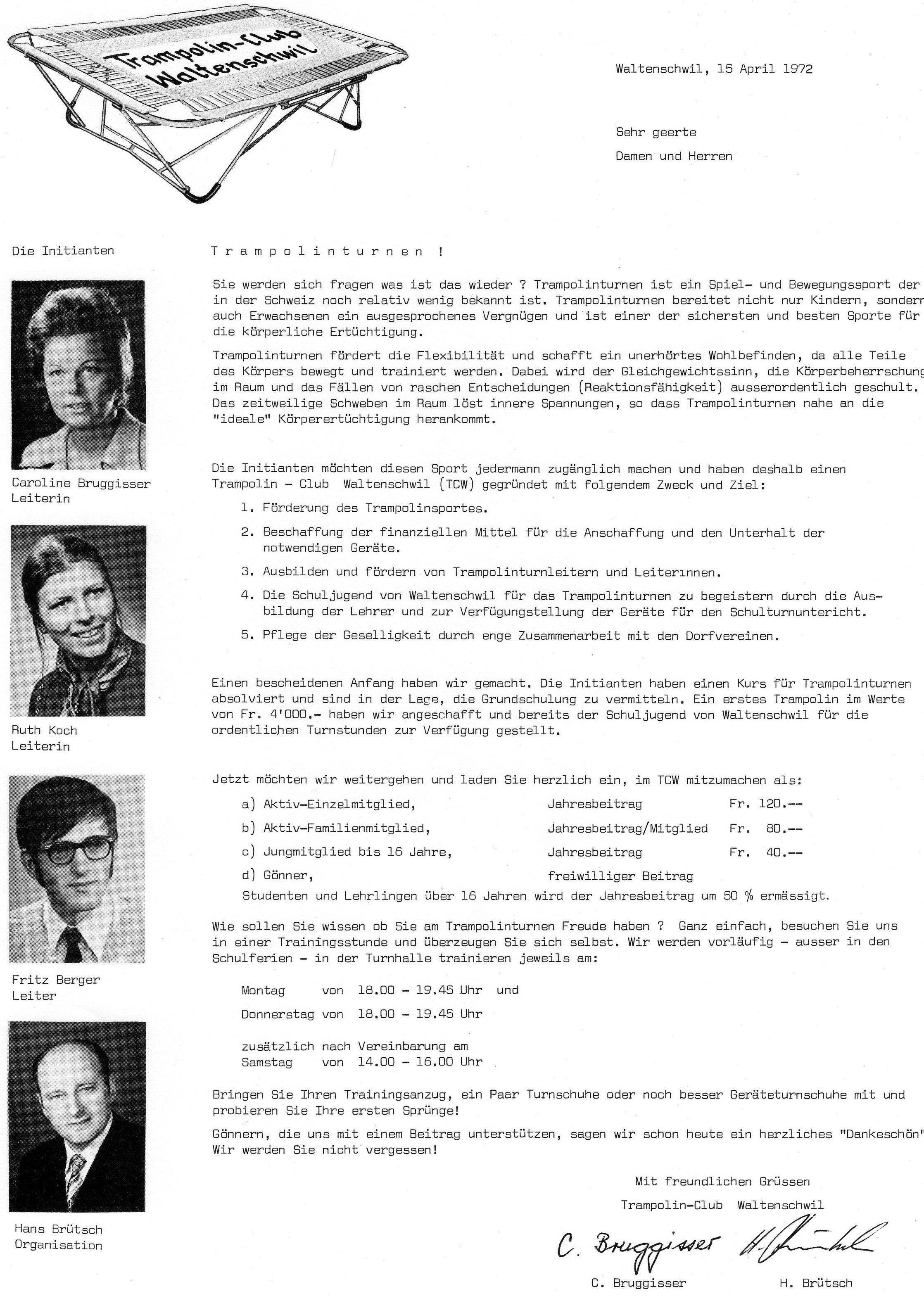 Mit diesem Flugblatt fing 1972 alles an: Caroline Bruggisser, Ruth Koch, Fritz Berger und Hans Brütsch suchten Mitglieder für ihren neuen Verein.