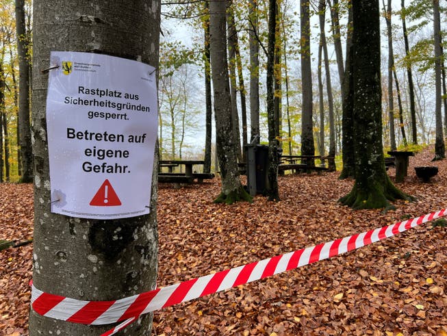 Halt: Weil Bäume drohen, auf den Rastplatz beim Dulliker Engelberg zu stürzen, haben die Behörden reagiert und den Platz abgesperrt.