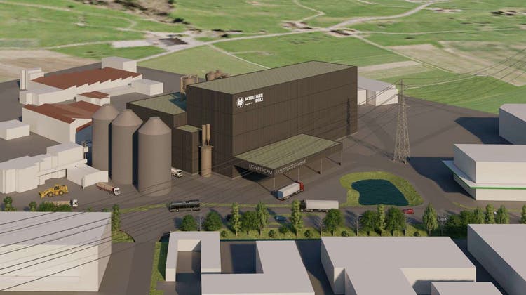 Visualisierung des neuen Produktionswerks im Industriegebiet Fänn in Küssnacht auf dem Areal der Atinova AG. (Visualisierung: Schilliger Holz AG)