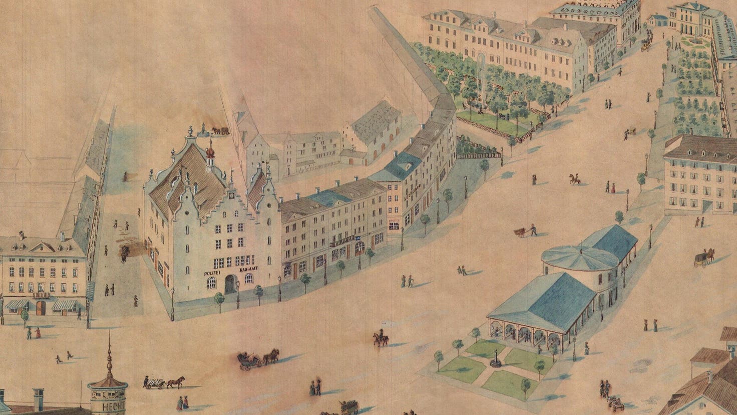 Der Plan von 1865 für die Neugestaltung des Marktplatzes vom alten Rathaus (oben links im Bild) über die Markthalle für 70 Stände bis zum Bahnhof (rechts oben im Bild). (Illustration: Sammlung Théo Buff)