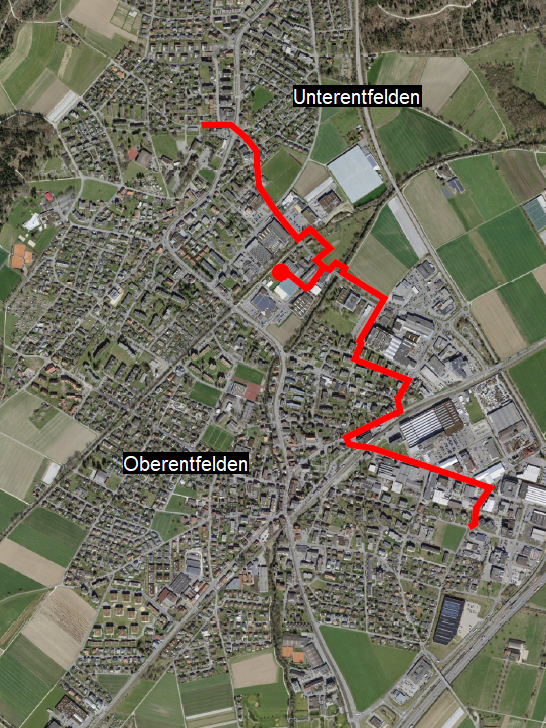 Erste Bauetappe: Die Fernwärmeleitungen (in Rot) sollen von einer neuen Energiezentrale am Binzmattweg aus in die Wohn- und Industriegebiete von Unter- und Oberentfelden führen.