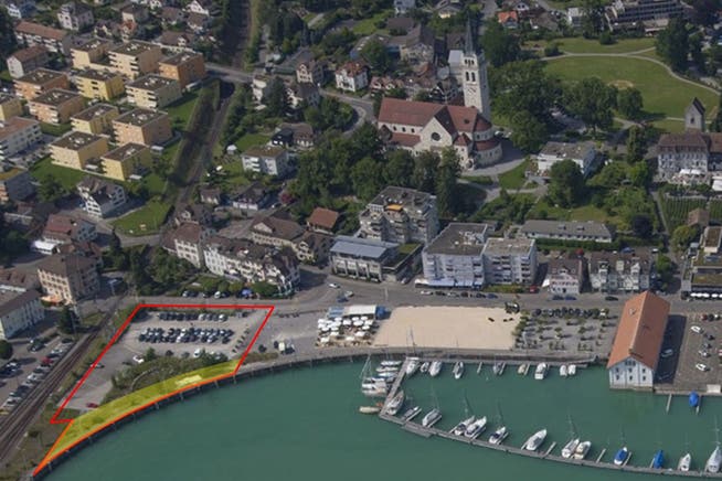 Im rot umrandeten Bereich ist das Hafenhotel geplant.