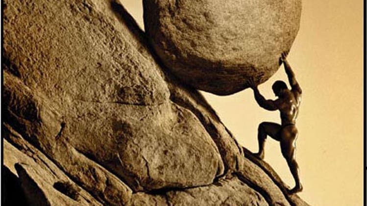 Hatte er es leichter als wir heute: Sisyphus, wie er einen Stein ewig einen Berg hoch schiebt. (Gerald L. Bybee)