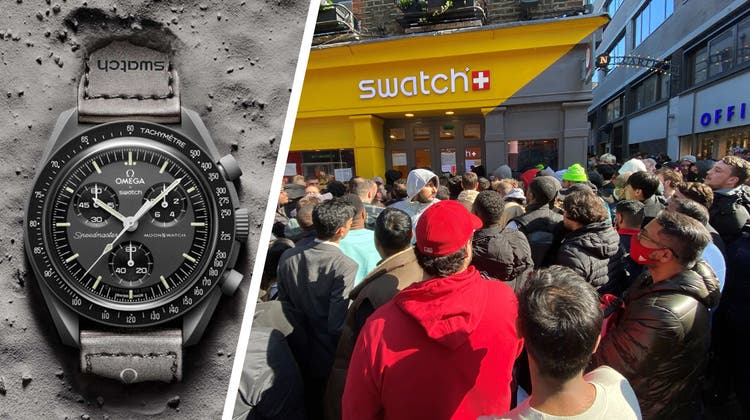 2022 gab’s wieder einmal einen Publikumshype um eine Swatch Uhr. Die MoonSwatch entstand in Anlehnung  an die  Omega Speedmaster (hinten). (Zvg Swatch)