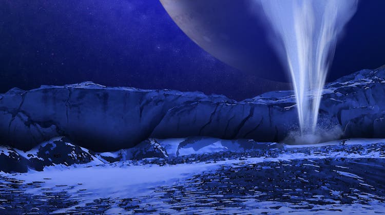 Eine künstlerische Darstellung einer Wasserfontäne auf dem Eismond Europa, im Hintergrund der Planet Jupiter und die Sonne. (Nasa/ESA/K. Retherford/SWRI)