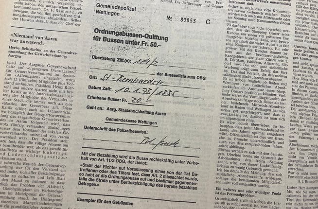 Das «Badener Tagblatt» druckte im Januar 1973 eine neue Ordnungsbussenquittung ab – 20 Franken müsste der Betroffene hinblättern. 