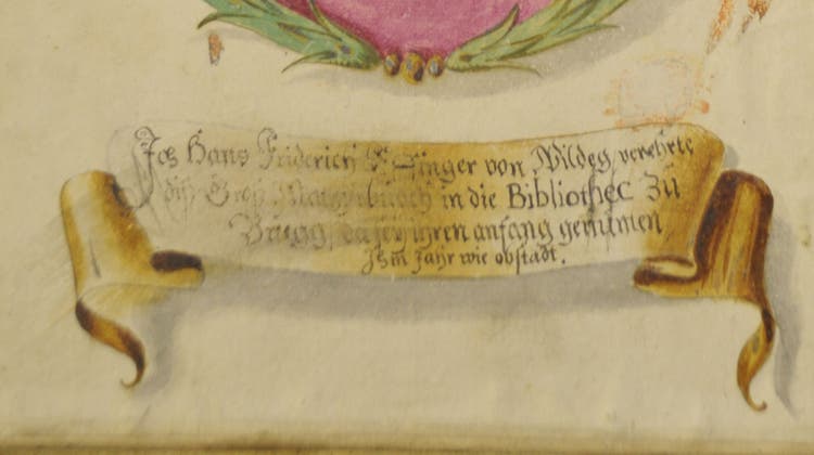 Im Gründungsbuch der Stadtbibliothek Brugg von 1640 findet sich eine Widmung des Schultheissen Hans Friedrich Effinger von Wildegg. (Bild: zvg)