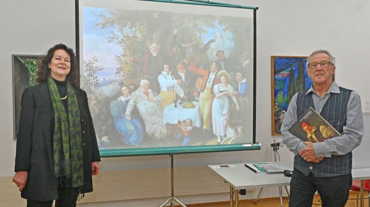 Vereinspräsidentin Corinne Saner und Autor Hans Kelterborn mit dem «Rheinweinbild». (Bruno Kissling)