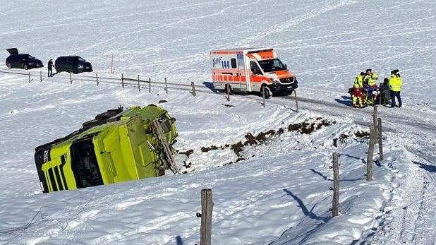 Der umgekippte Lastwagen blieb im Wiesland liegen. (Bild: Zuger Polizei (Zug, 31. Januar 2023))