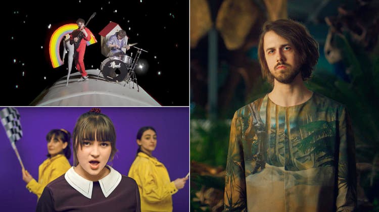 Ausschnitte aus drei preisgekrönten Ostschweizer Musikvideos: «Blumen» von Panda Lux (oben), «Rainbow» von Elio Ricca (unten links) und «Driver» von Joya Marleen. (Screenshots: PD)
