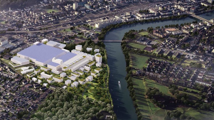 Die Vision des Riverside-Quartiers zeigt ein Bild weit in der Zukunft, mit der Passage durch die Industriehalle oder dem Wohnriegel über dem Nordteil der Halle. (Zvg)